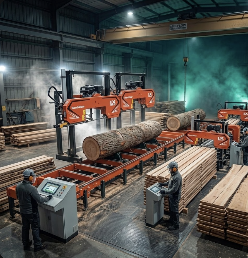 Sawmill processing timber logs
